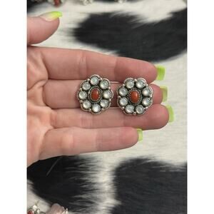 Native American Sterling Silver Mother Of Pearl Red Coral Cluster Earrings 925